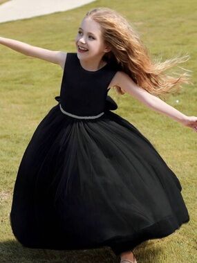 Girls Black Tulle Party Dress with Beaded Waist